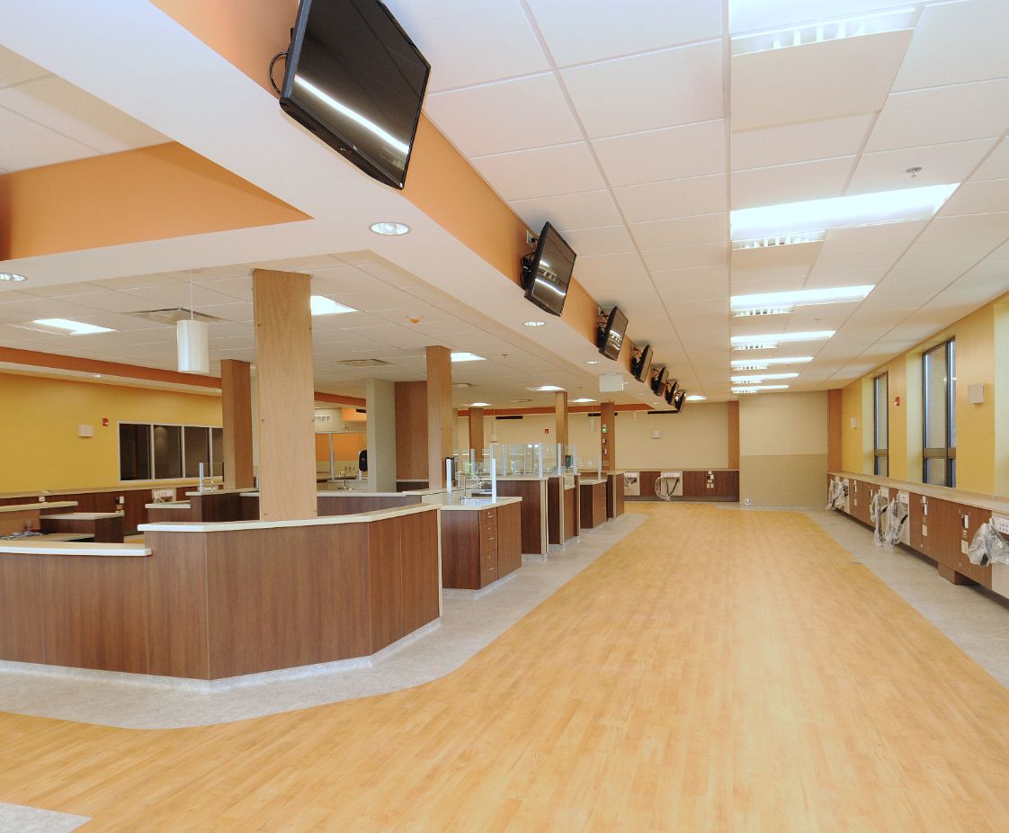 Fresenius Nashua in Nashua, NH. Reception Area, designed by Hardaway Sziabowski Architects.