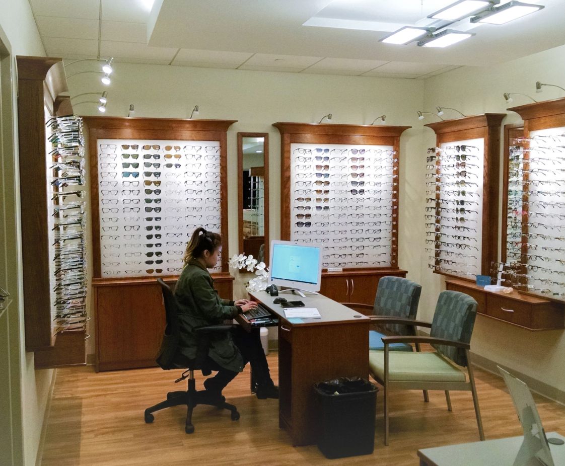 North Suburban Eye in Waltham, MA. Reception Area, designed by Hardaway Sziabowski Architects.