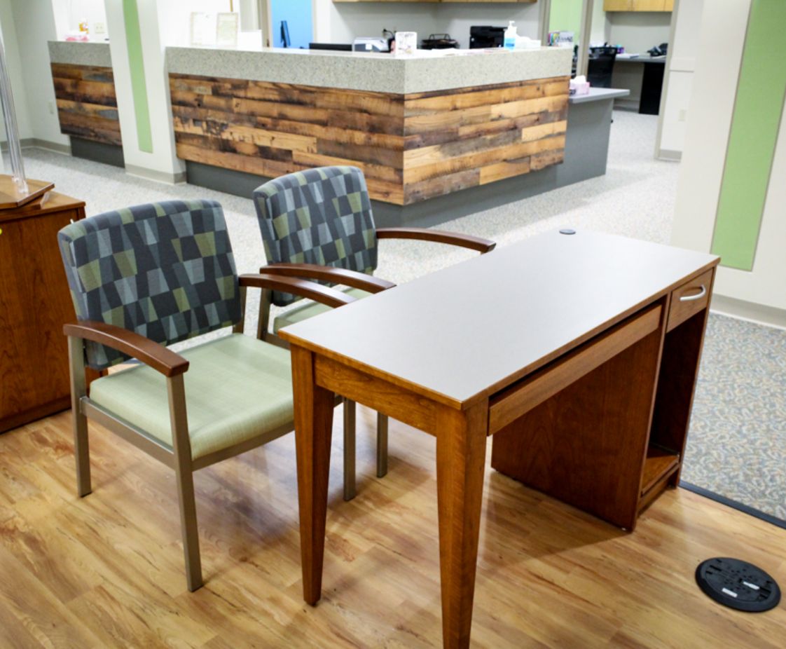 North Suburban Eye in Waltham, MA. Reception Area, designed by Hardaway Sziabowski Architects.