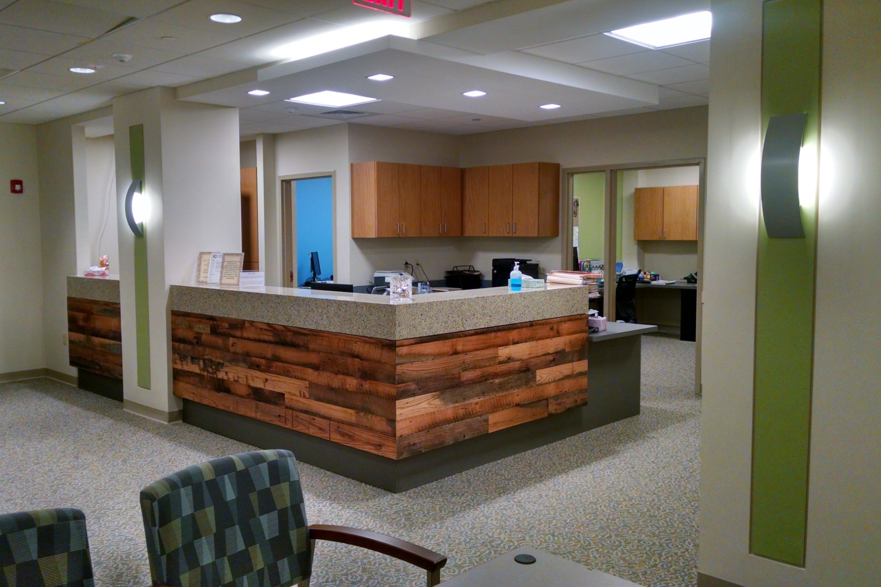 North Suburban Eye in Waltham, MA. Reception Area, designed by Hardaway Sziabowski Architects.