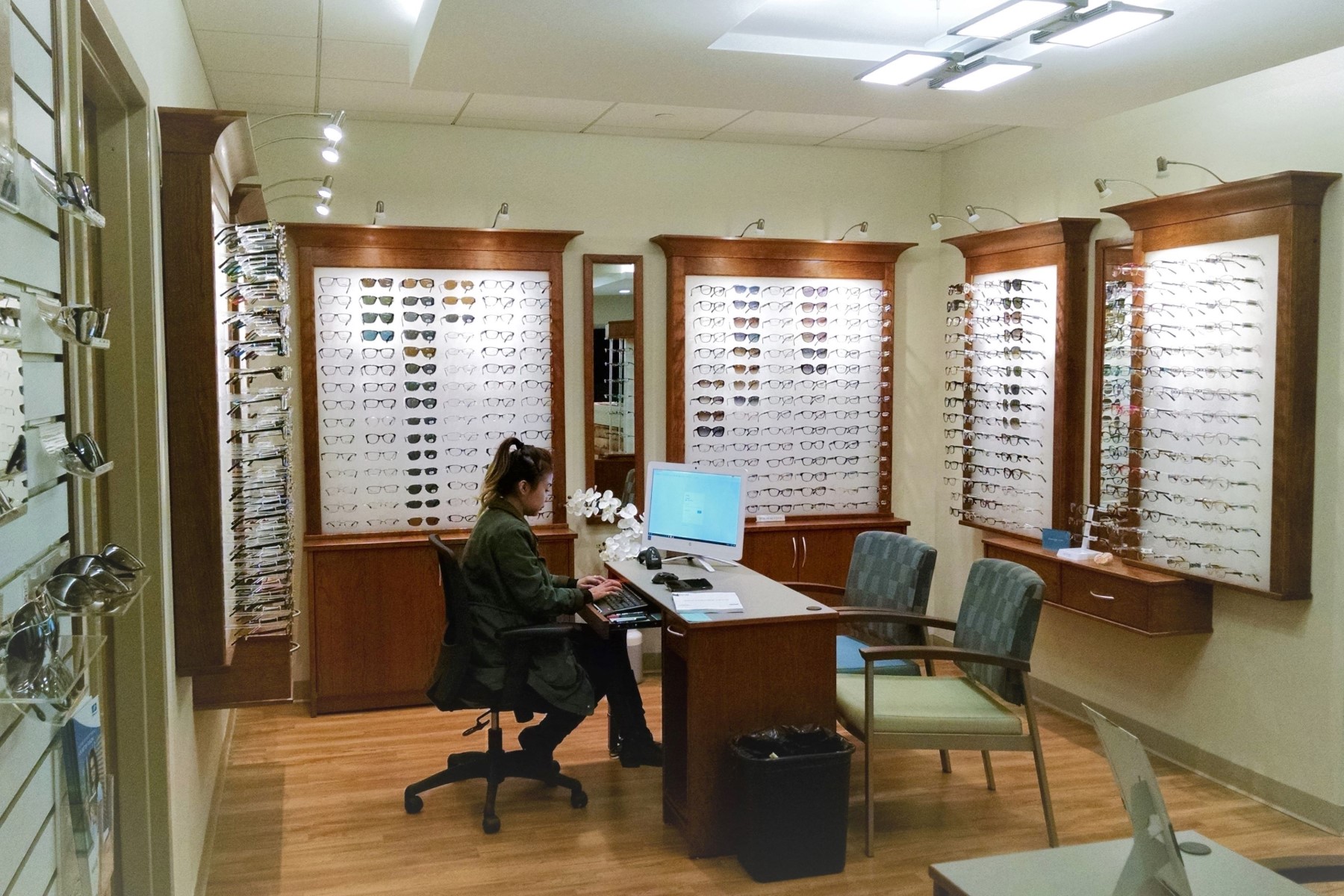 North Suburban Eye in Waltham, MA. Reception Area, designed by Hardaway Sziabowski Architects.