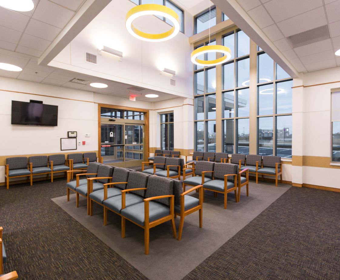 South Park Village Medical Center in Holly Springs, NC. Reception Area, designed by Hardaway Sziabowski Architects.
